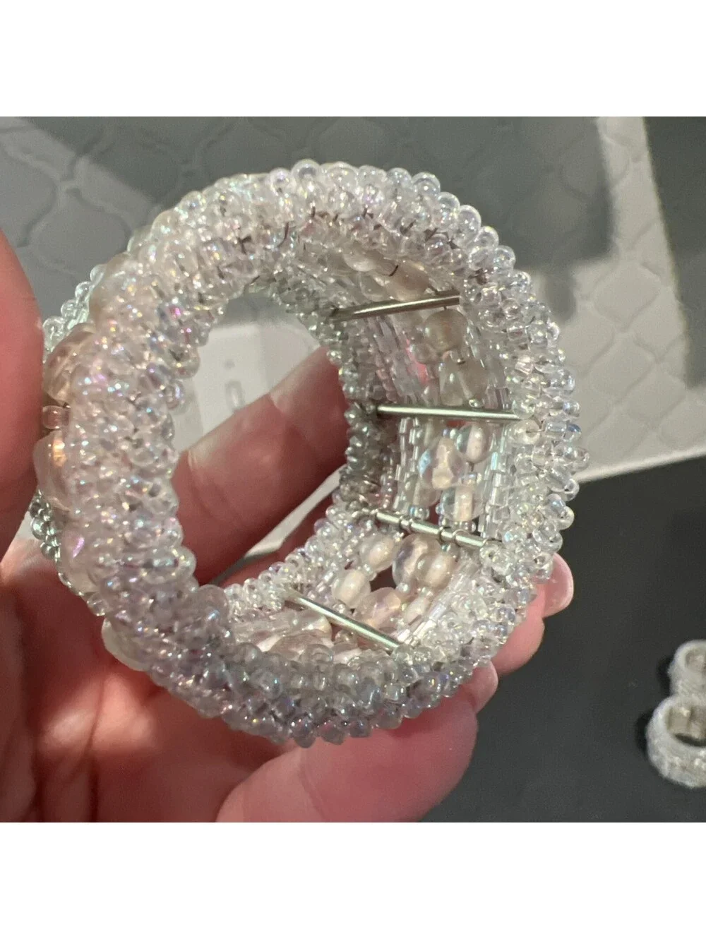 Iridescent/Clear Beaded Napkin Rings 1.5” Opening Set Of 4